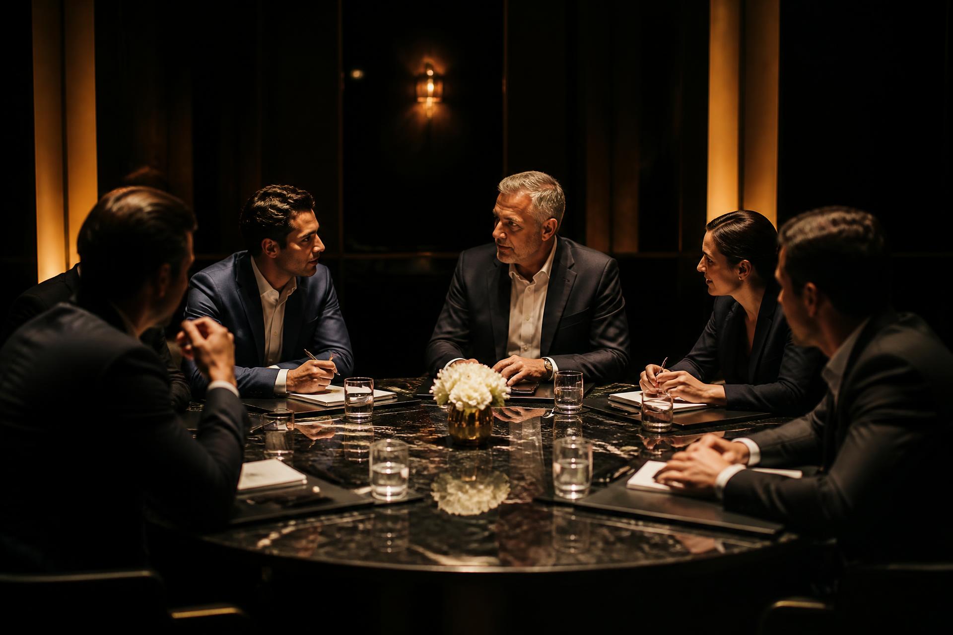 Líderes reunidos em uma mesa executiva com iluminação dourada
